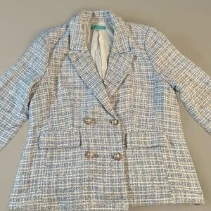Women's Blue Tweed Blazer with Pearl Accents